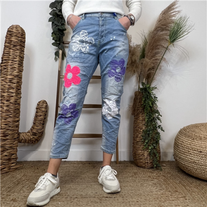 Jean Denim Mom Fleurs