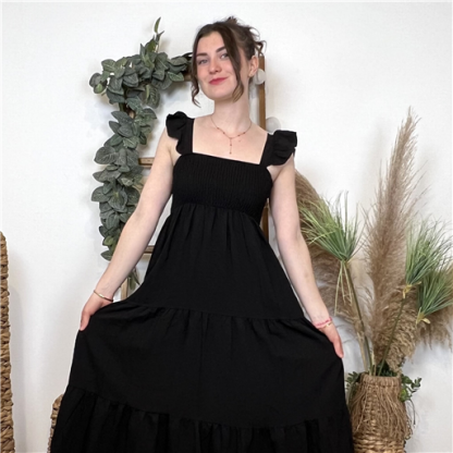 Robe Longue Smockée Noire