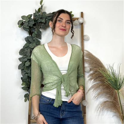 L349- Gilet ajouré à nouer Coline (Tu) (vert olive)