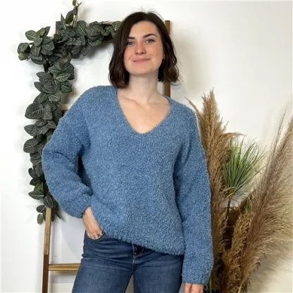 K777- Pull Oversize Maille Bouclette (Tu) (bleu jeans)