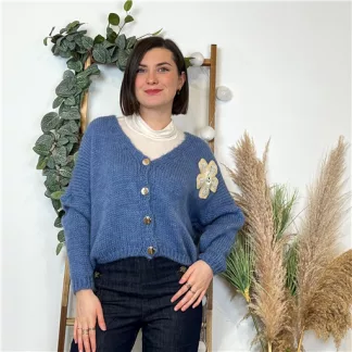 K661- Gilet Fleur Brodée (Tu) 🇮🇹 (bleu indigo)