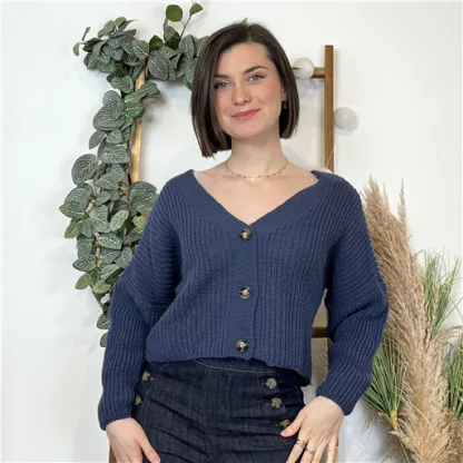 K637- Gilet Court maille (Tu) (bleu indigo)