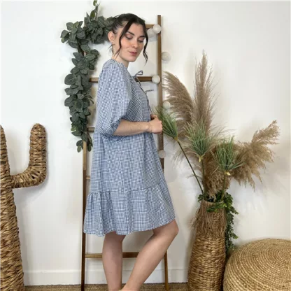 L166- Robe Vichy noeuds (Tu) 🇮🇹 (bleu indigo)