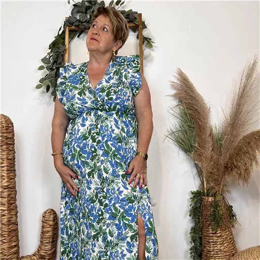 K320- Robe longue feuilles (T40-T48) (bleu royal) – Image 2