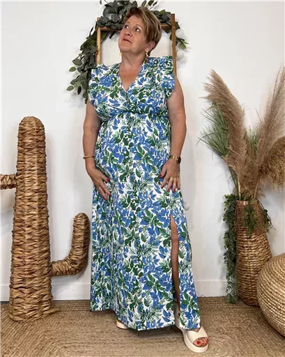 K320- Robe longue feuilles (T40-T48) (bleu royal) – Image 9