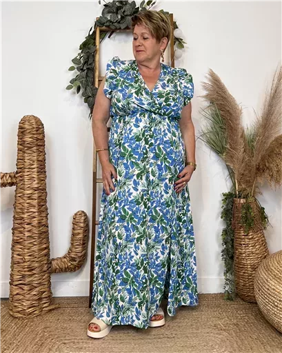 K320- Robe longue feuilles (T40-T48) (bleu royal) – Image 3