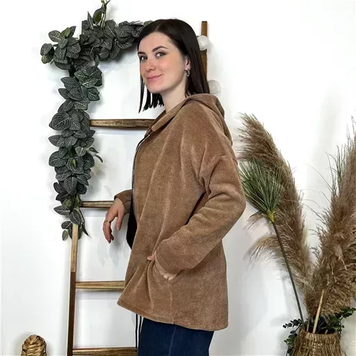 K132- Veste cotelée capuche (Tu) (camel) – Image 3