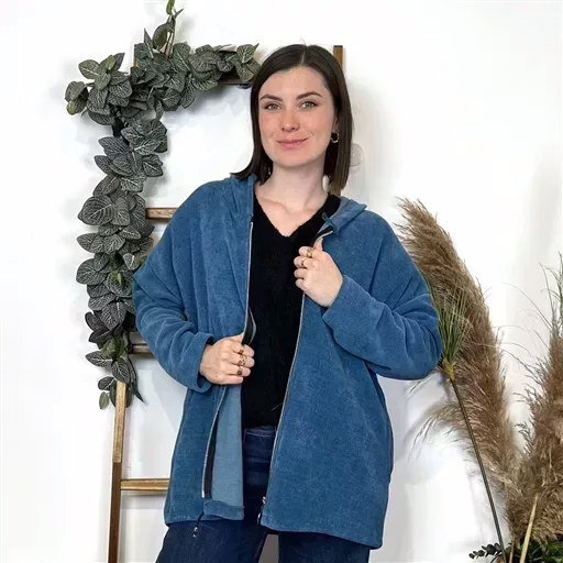 K132- Veste cotelée capuche (Tu) (bleu canard) – Image 2