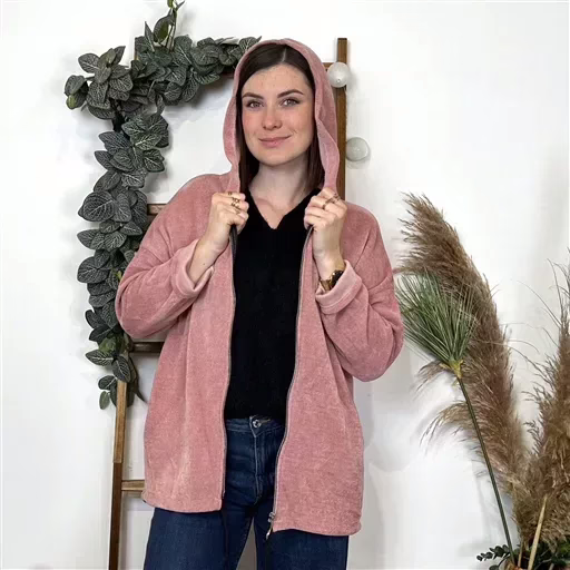 K132- Veste cotelée capuche (Tu) (rose poudré) – Image 2