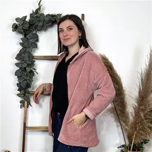 K132- Veste cotelée capuche (Tu) (rose poudré) – Image 3