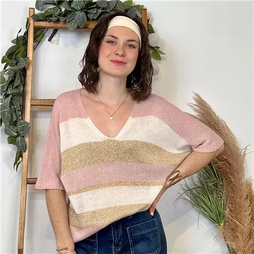 K120- Pull rayé Lurex (Tu) 🇮🇹 (rose poudré) – Image 2