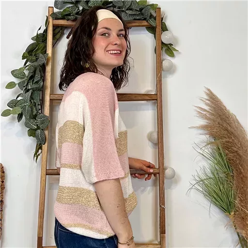 K120- Pull rayé Lurex (Tu) 🇮🇹 (rose poudré) – Image 3