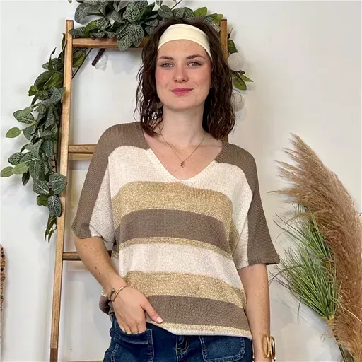 K120- Pull rayé Lurex (Tu) 🇮🇹 (taupe) – Image 3
