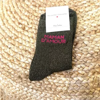 V315- Chaussettes paillettes "Maman d'Amour" (kaki)