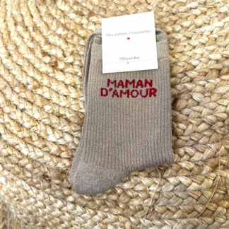 V315- Chaussettes paillettes "Maman d'Amour" (taupe)