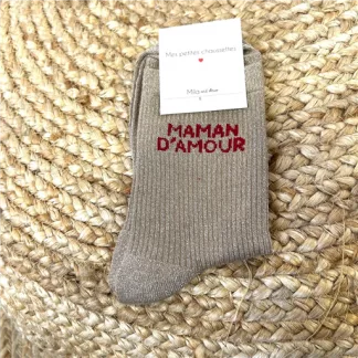 V315- Chaussettes paillettes "Maman d'Amour" (taupe)