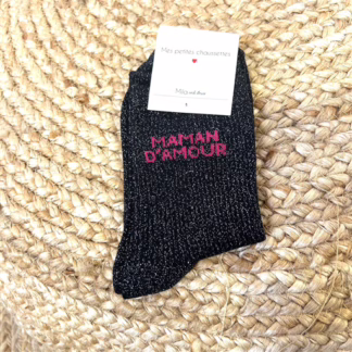 V315- Chaussettes paillettes "Maman d'Amour" (noir)