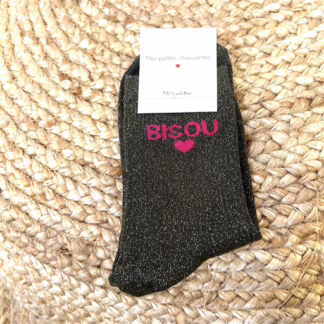 V321- Chaussettes paillettes "Bisou" (kaki)
