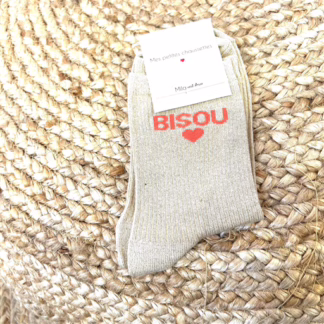 V317- Chaussettes paillettes "Bisou" (beige)