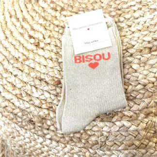 V317- Chaussettes paillettes "Bisou" (beige)