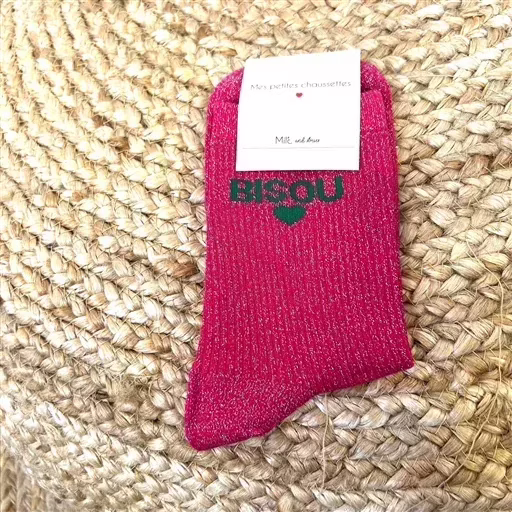V317- Chaussettes paillettes "Bisou" (fuchsia) – Image 2