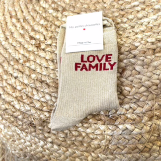 V327-Chaussettes paillettes "Love Family" (beige)