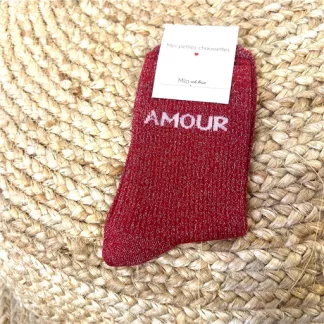 V329- Chaussettes paillettes "Amour" (bordeaux)