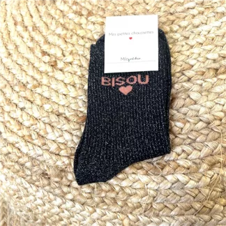 V317- Chaussettes paillettes "Bisou" (noir)