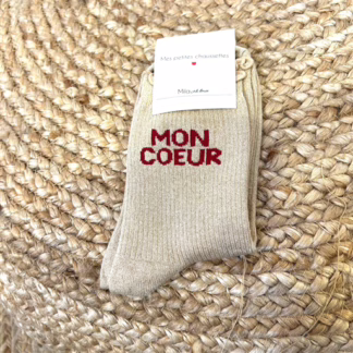 V325- Chaussettes paillettes "Mon Coeur" (beige)