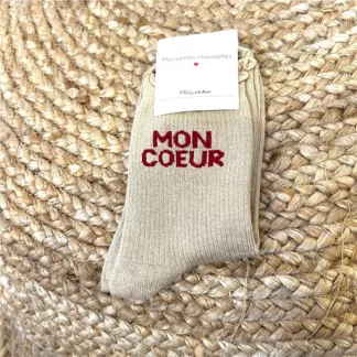 V325- Chaussettes paillettes "Mon Coeur" (beige)
