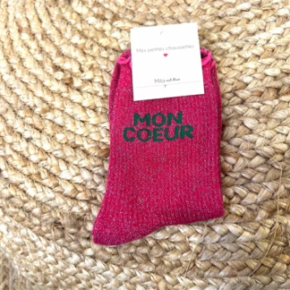 V325- Chaussettes paillettes "Mon Coeur" (fuchsia)