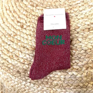 V325- Chaussettes paillettes "Mon Coeur" (bordeaux)