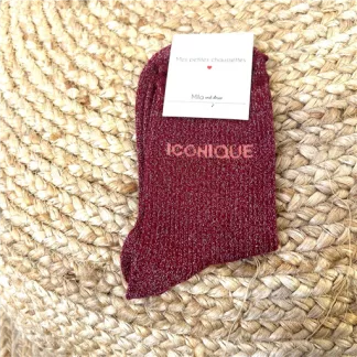 V309- Chaussettes paillettes "iconique" (bordeaux)