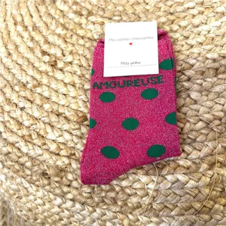V313- Chaussettes paillettes "Amoureuse" (fuchsia)