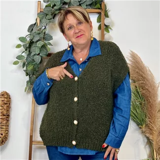 K128- Gilet bouclette sans manches (Tu) (kaki)