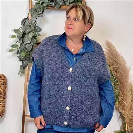 Z124- Gilet bouclette sans manches (Tu) (bleu jeans) – Image 6