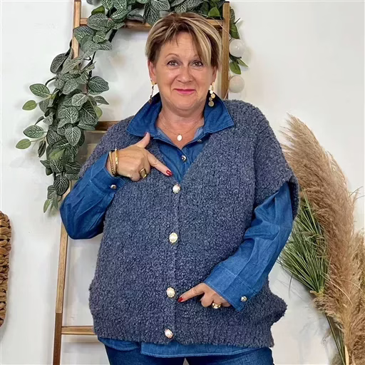 Z124- Gilet bouclette sans manches (Tu) (bleu jeans) – Image 2