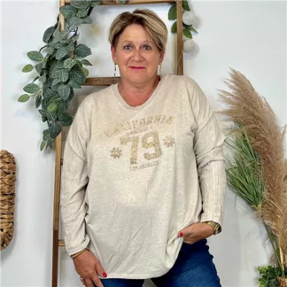 Z137- Pull femme grande taille motif doré Californie 79 (beige)