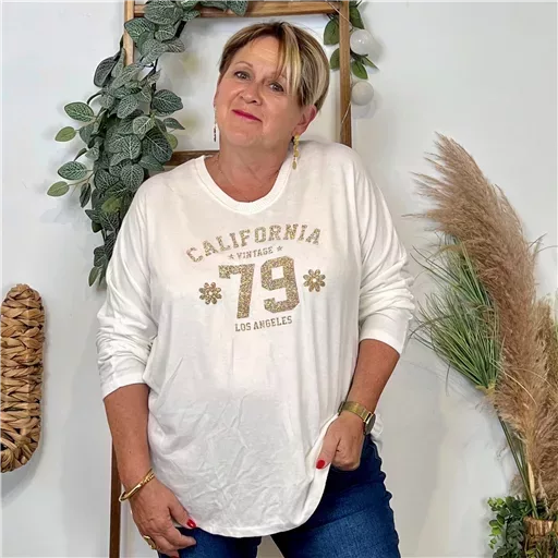 Z137- Pull femme grande taille motif doré Californie 79 (ecru) – Image 4