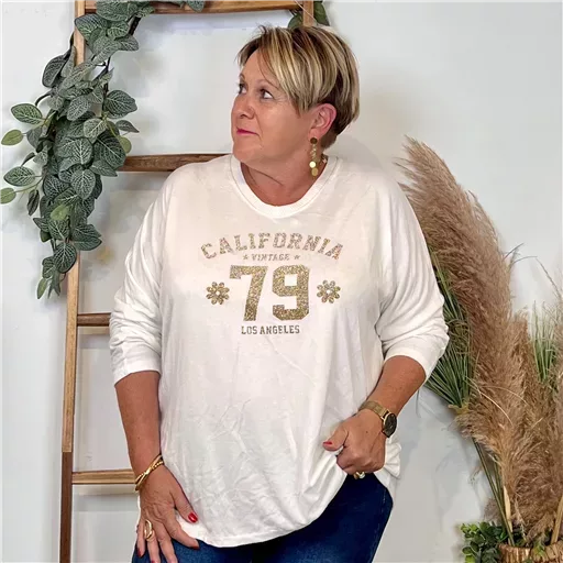 Z137- Pull femme grande taille motif doré Californie 79 (ecru) – Image 2