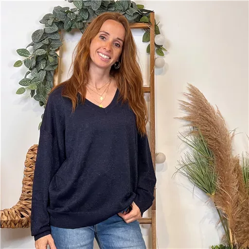 K088- Pull col en V Lurex Version Féminin (marine) Bleu Clair