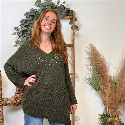 K106- Pull maille ajourée (Tu) 🇮🇹 (kaki) – Image 5
