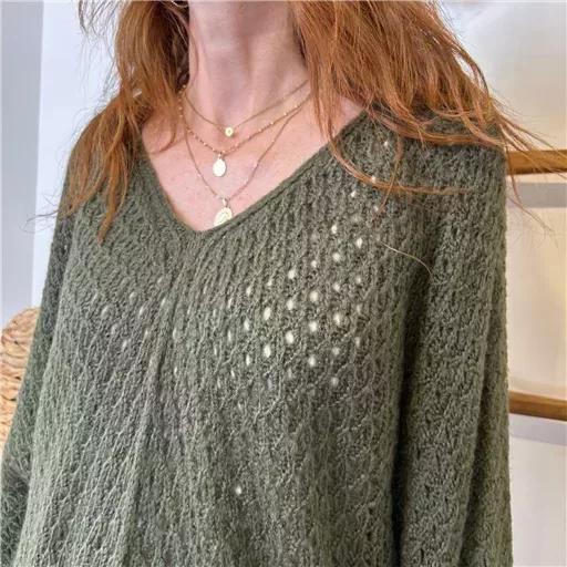 K106- Pull maille ajourée (Tu) 🇮🇹 (kaki) – Image 4
