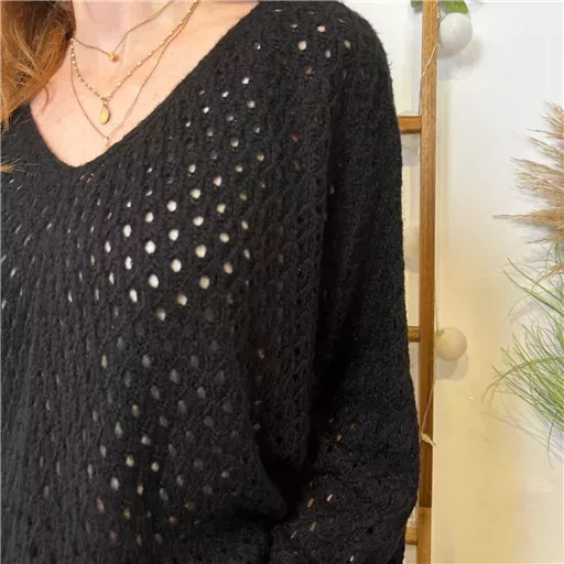 K106- Pull maille ajourée (Tu) 🇮🇹 (noir) – Image 5
