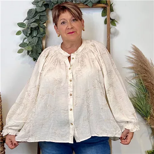 K075- Chemise Brodée By One (T40-T48) (beige) – Image 3