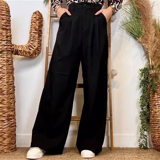 K086- Pantalon large à plis "So Sweet" (T36-T40) (noir) – Image 4