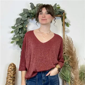 Pull col en V Lurex (Tu) 🇮🇹 (bordeaux)