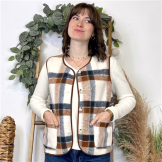 Gilet sans manches à carreaux – Douceur & style cocooning (marron)