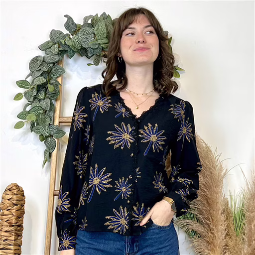 K042- Chemisier brodé noir Maëlle (noir) – Image 3