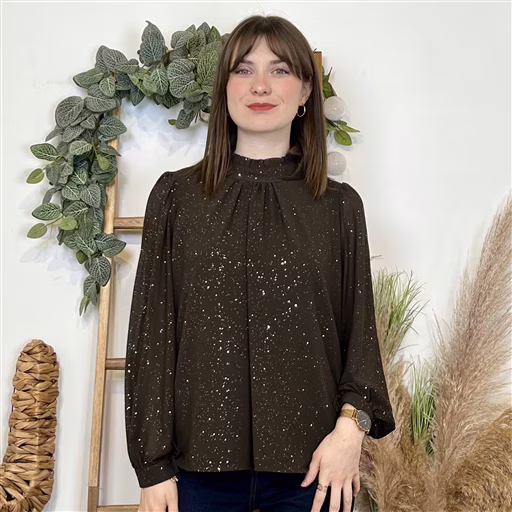 Blouse pailletée col mao (TU) (marron)